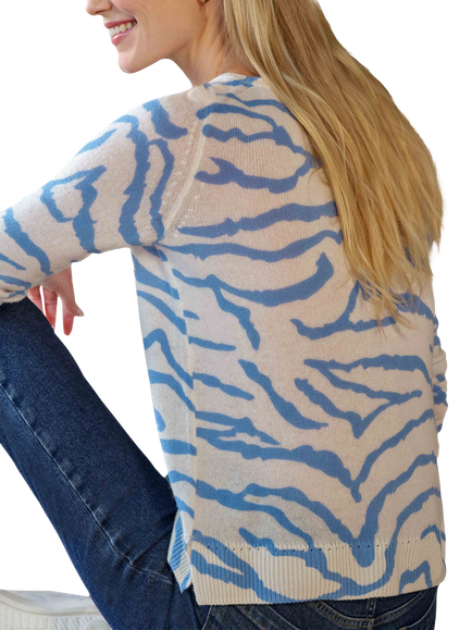 Pure Collection Pure Cashmere Printed Zebra Gassato Jumper, Blue/White - view 2, Blue/White