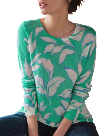 Pure Collection Leaf Print Pure Cashmere Jumper, Jade Green, Jade Green