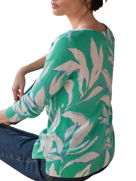 Pure Collection Leaf Print Pure Cashmere Jumper, Jade Green - view 2, Jade Green