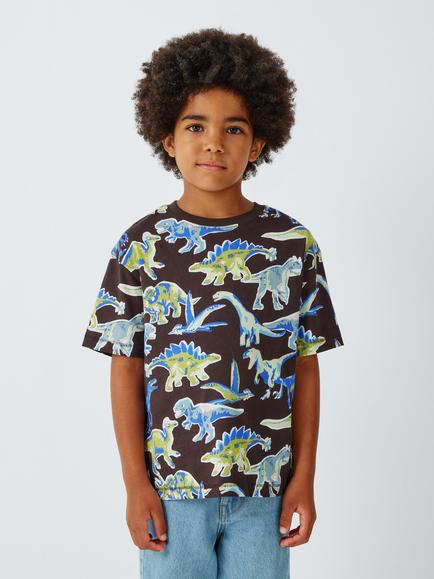 John Lewis Kids' Dino Print T-Shirt, Coffee Bean, Coffee Bean