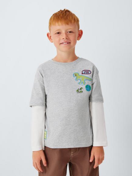 John Lewis Kids' Mock Sleeve Dino Badge T-Shirt, Grey Marl, Grey Marl