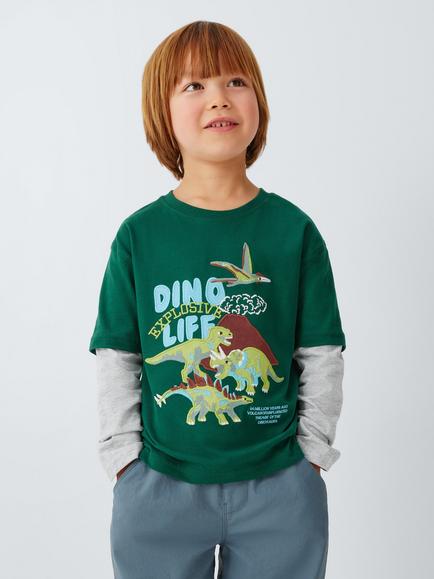 John Lewis Kids' Mock Sleeve Dino Life T-Shirt, Forest Biome, Forest Biome