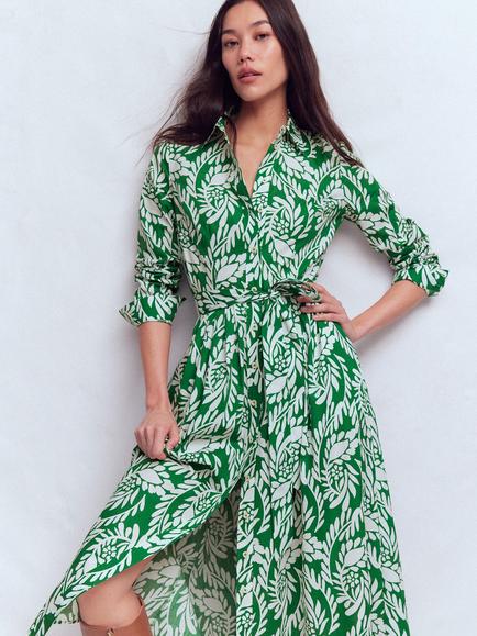 Boden Alexa Leaves Shirt Midi Dress, Green/Multi, Green/Multi
