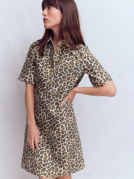 Boden Zia Leopard Print Denim Shift Dress, Milk/Multi, Milk/Multi