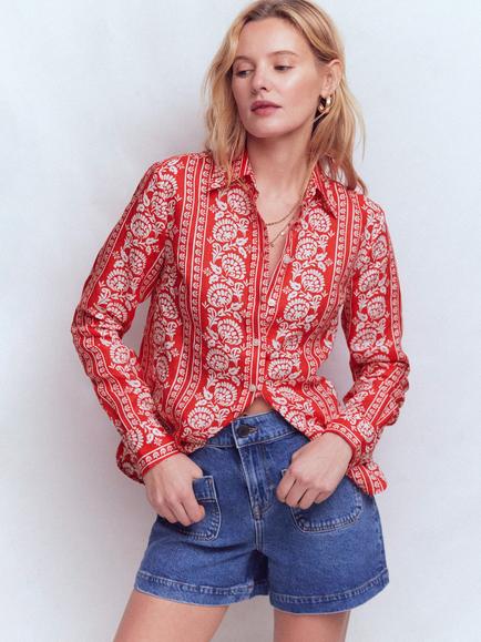 Boden Sienna Floral Pure Linen Shirt, Red/Multi, Red/Multi