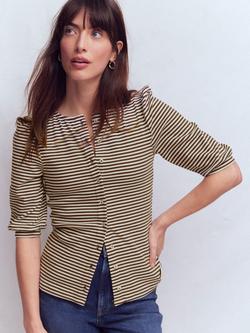 Boden Evie Ribbed Puff Sleeve Top, Soil/Ivory, Soil/Ivory