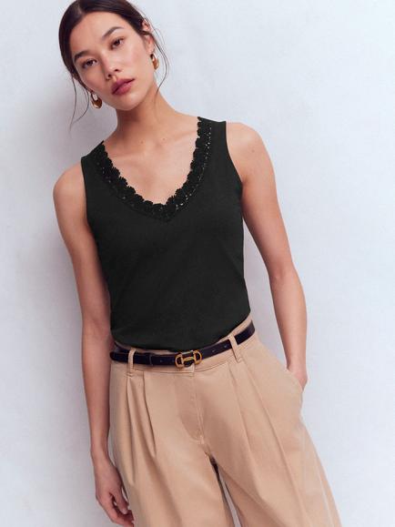 Boden Flora Lace Trim Vest Top, Black Beauty, Black Beauty