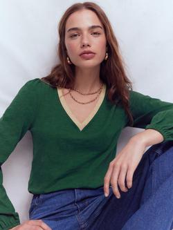Boden Metallic Trim V-Neck Top, Trekking Green, Trekking Green