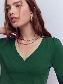 Boden Metallic Trim V-Neck Top, Trekking Green - view 2, Trekking Green