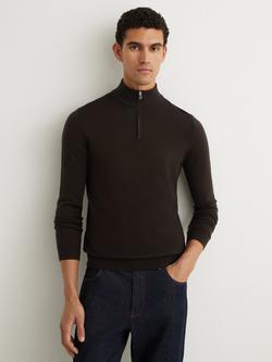 Reiss Blackhall Merino Wool Half Zip Funnel Neck Jumper, Dark Brown, Dark Brown