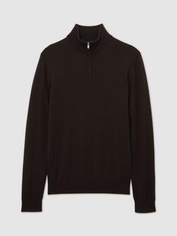 Reiss Blackhall Merino Wool Half Zip Funnel Neck Jumper, Dark Brown - view 2, Dark Brown