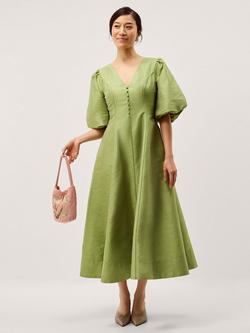 Monsoon Beatrice Puff Sleeve Midi Dress, Light Green, Light Green