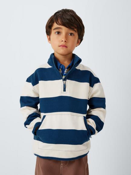 John Lewis Kids' Striped Quarter Zip Top, Navy/Ecru, Navy/ Ecru