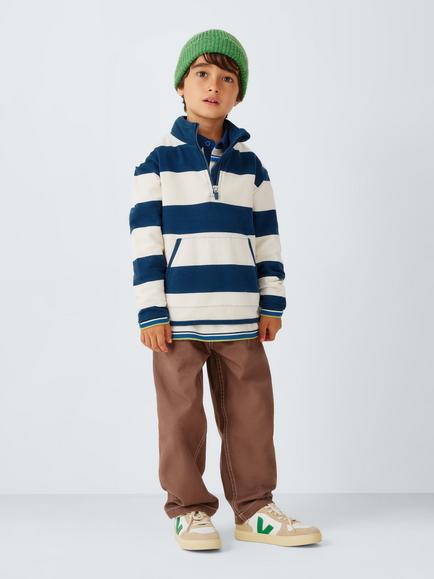 John Lewis Kids' Striped Quarter Zip Top, Navy/Ecru - view 2, Navy/ Ecru