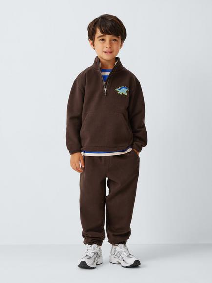 John Lewis Kids' Dino Embroidered Half Zip Sweatshirt & Joggers Set, Coffee Bean, Coffee Bean