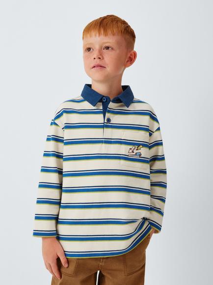 John Lewis Kids' Striped Badge Long Sleeve Polo Shirt, Multi, Multi