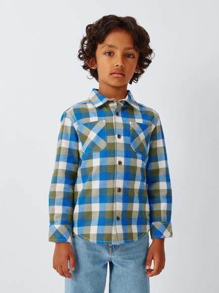 John Lewis Kids' Check Slub Cotton Long Sleeve Shirt, Skydiver, Skydiver