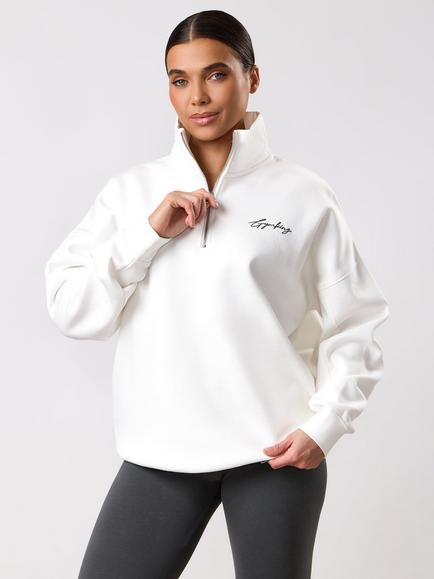 Gym King Women's 1/4 Zip Funnel Top, Cream/Green Smoke