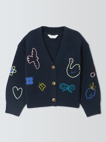 John Lewis Kids' Embroidered V-Neck Cardigan, Multi, Multi