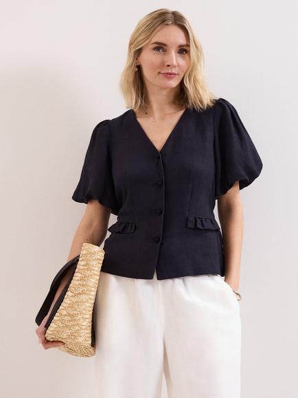 Phase Eight Audrey Tie Waist Linen Rich Shirt, Navy, Navy