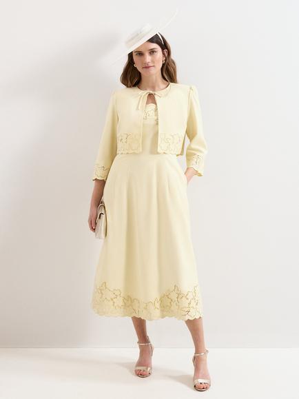 Phase Eight Wilda Embroidered Midi Dress containing LENZING™ ECOVERO™ Viscose , Pale Yellow, Pale Yellow