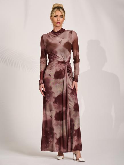 Jolie Moi High Neck Abstract Knot Detail Dress, Mocha, Mocha