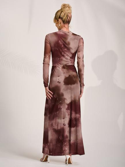 Jolie Moi High Neck Abstract Knot Detail Dress, Mocha - view 2, Mocha