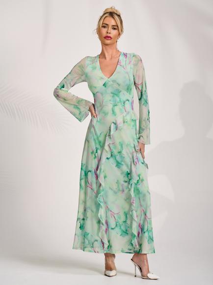 Jolie Moi Ruffle Detail Mesh Maxi Dress, Green