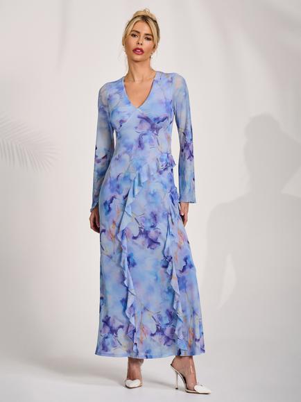 Jolie Moi Long Sleeve Ruffle Maxi Dress, Blue/Multi, Blue/Multi