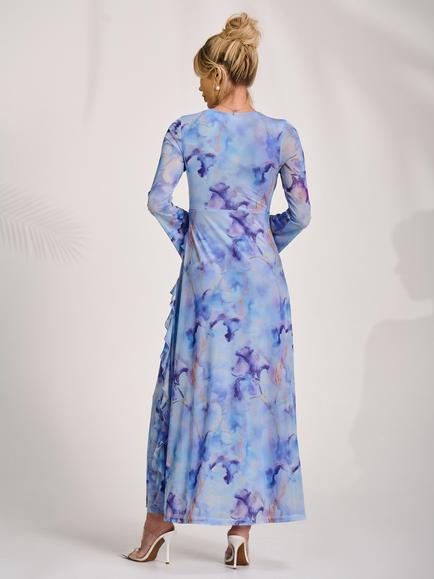 Jolie Moi Long Sleeve Ruffle Maxi Dress, Blue/Multi - view 2, Blue/Multi