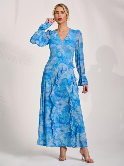 Jolie Moi Long Sleeve Ruffle Maxi Dress, Blue, Blue