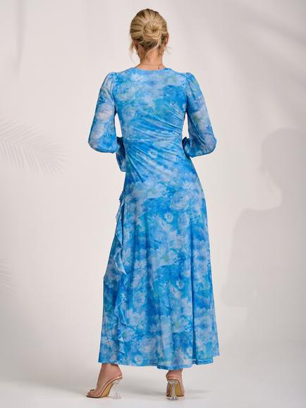 Jolie Moi Long Sleeve Ruffle Maxi Dress, Blue - view 2, Blue