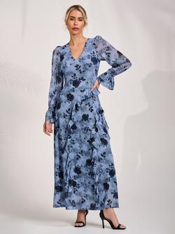 Jolie Moi Long Sleeve Ruffle Mesh Dress, Blue