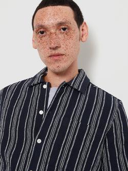 Farah Cotton Blend Relaxed Box Fit Striped Shirt - view 2, True Navy