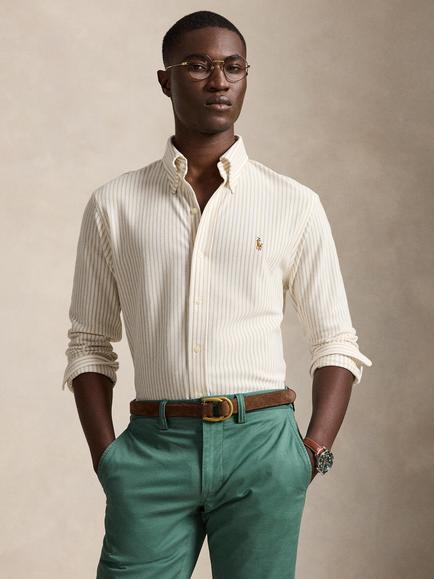 Polo Ralph Lauren Cotton Mesh Regular Fit Stripe Oxford Shirt, White/Coastal Beige, White/Coastal Beige