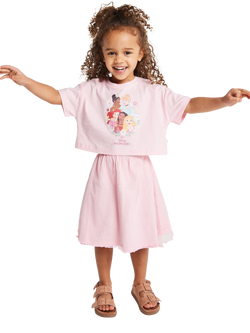Brand Threads Kids' Disney Princess Cotton T-Shirt & Skirt Set, Pink, Pink