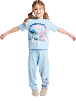 Brand Threads Kids' Angel & Stitch Cotton Long Pyjama Set, Blue, Blue