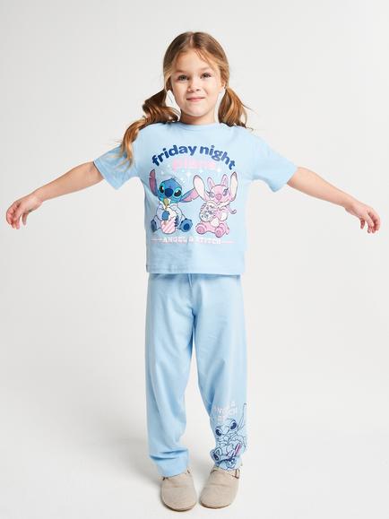 Brand Threads Kids' Angel & Stitch Cotton Long Pyjama Set, Blue, Blue