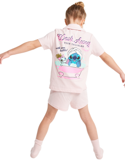 Brand Threads Kids' Stitch Cotton Short Pyjama Set, Pink - view 2, Pink