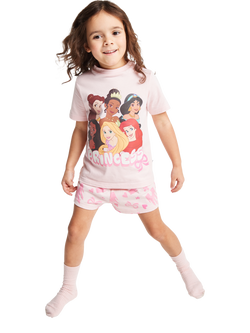 Brand Threads Kids' Disney Princess Short Pyjama Set, Pink, Pink