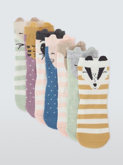 John Lewis Kids' Organic Cotton Rich Animal Faces Ankle Socks, Pack of 7, Multi, Multi