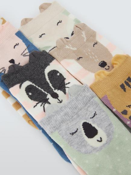 John Lewis Kids' Organic Cotton Rich Animal Faces Ankle Socks, Pack of 7, Multi - view 2, Multi