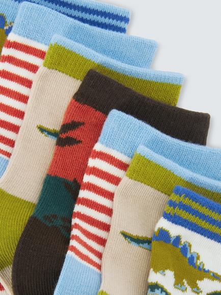 John Lewis Kids' Dinosaur Socks, Pack of 7, Multi - view 2, Multi