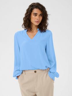 KAFFE Elly V-Neck Ruffle Top containing LENZING™ ECOVERO™ Viscose, Vista Blue