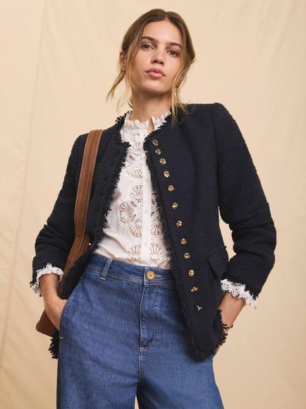Mint Velvet Collarless Boucle Tweed Jacket, Blue Navy, Blue Navy