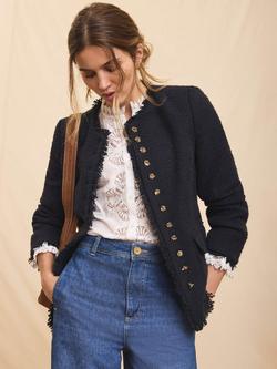 Mint Velvet Collarless Boucle Tweed Jacket, Blue Navy - view 2, Blue Navy