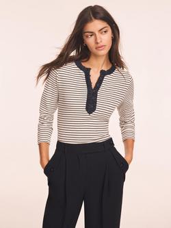 Mint Velvet Stripe Ruched Henley Top, White Ivory, White Ivory