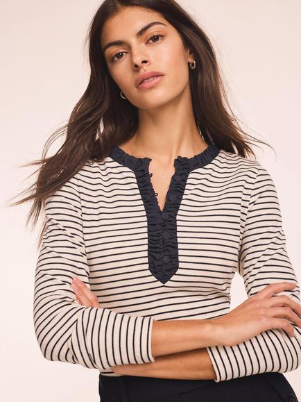 Mint Velvet Stripe Ruched Henley Top, White Ivory - view 2, White Ivory