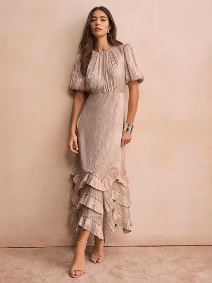 Mint Velvet Metallic Ruffle Midi Dress, Natural, Natural