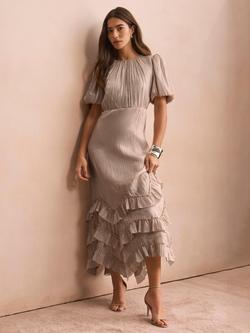 Mint Velvet Metallic Ruffle Midi Dress, Natural - view 2, Natural